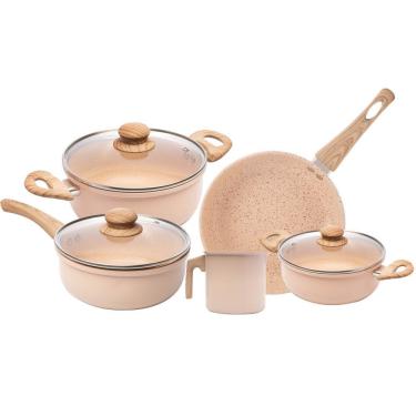 Imagem de Jogo De Panelas Indução Chef 5 Peças Bege Em Alumínio Com Revestimento Cerâmico Lyor