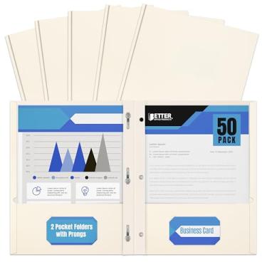 Imagem de Pasta de papel branco com 2 bolsos com pinos, pacote com 50, da Better Office Products, textura fosca, pastas de papel tamanho carta, pacote com 50, com 3 clipes de prendedor de garra de metal, branco