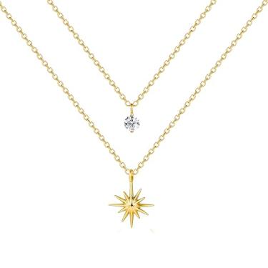 Imagem de Poxtex Colares de diamante para mulheres, não mancha, colar delicado de ouro 14 K, corrente gargantilha de prata com pingente duplo, conjuntos de joias de zircônia cúbica simples em camadas, presentes