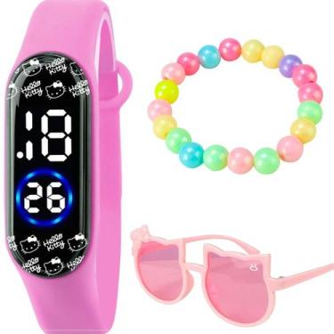 Imagem de Relogio Digital Infantil Rosa Led + Oculos Sol + Pulseira prova dagua 