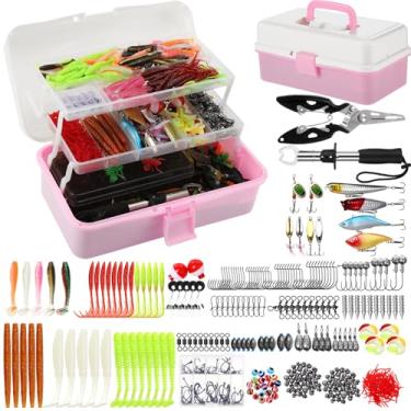 Imagem de RoundFunny 517 peças de caixa grande de 3 camadas com kit de iscas de pesca incluído alicate, garra de lábio de peixe, crankbait, anzóis, outros acessórios, kit de equipamento de isca de pesca para