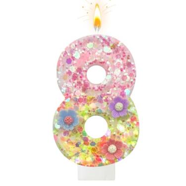 Imagem de Velas de aniversário de flores silvestres – Vela número 8 para topos de bolo, velas macaron para decorações de festa temática doce, aniversário de casamento e outras celebrações (8 velas)