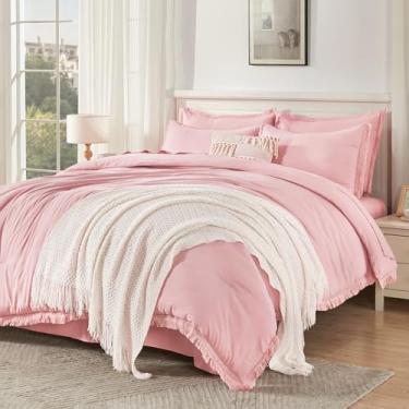 Imagem de Conjunto de edredom AAndency California King Size com lençol rosa claro – 7 peças, cama king-size cal, boêmio, conjunto de cama enferrujado com edredom, lençóis, fronhas e fronhas