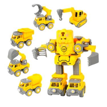 Imagem de Kit de Carrinhos Transformáveis, 5 Veículos Montáveis em Plástico Amarelo, Brinquedo Educativo com Luzes LED, Modo Automático, para Crianças 3 Anos+