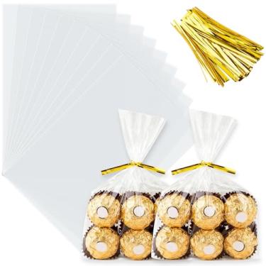 Imagem de ZHEWTOEN 100 unidades de sacos de celofane transparentes de 15 x 23 cm com laços coloridos, sacos de guloseimas de plástico para doces, biscoitos, pipocas, pequenos embrulhos de presente