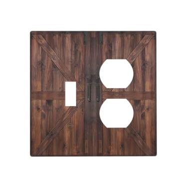 Imagem de Wmhusu Placa de cobertura para interruptor de luz, marrom, porta de celeiro, placa de madeira retrô, 2 placas decorativas para interruptores, 1 conjunto duplex de interruptor, capas de tomada GFCI