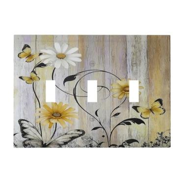 Imagem de Placas decorativas para interruptor rústico, amarelo, branco, margarida, folha preta, borboleta, girassol, grão de madeira, placa de parede de 3 grupos, placa frontal com interruptor de luz tripla