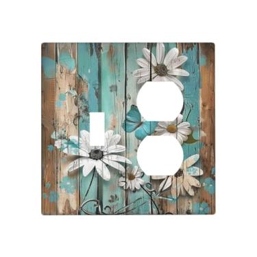 Imagem de SgEdao Capas de tomada decorativas retrô turquesa marrom flor de madeira borboleta 2 gangues capa de placa de parede interruptor duplo interruptor de luz dupla jumbo placa frontal dupla GFCI