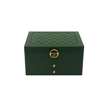 Imagem de Porta Joias de Couro PU com 3 Gavetas Fechadura com Chave de Segurança 2 Camadas Forro Aveludado 23x17x12,8cm Espaços Adicionais para Brincos de Pressão Design Elegante Espaçoso e Versátil (Verde)