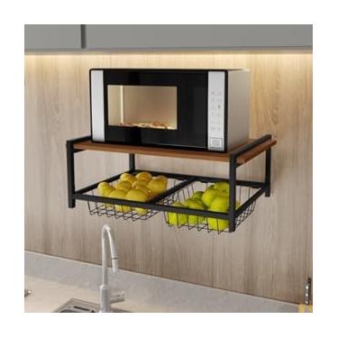 Imagem de Fruteira Parede 2 Cestos Aço Preto Industrial com Suporte de Micro-ondas – Organização e Resistência (Imbuia)
