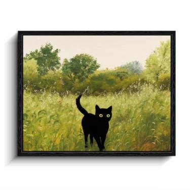 Imagem de Arte de parede emoldurada engraçada de gato preto, impressão de arte texturizada de gato inspirado em Corot, gato preto na paisagem do prado, pôsteres ecléticos para quarto, sala de estar, banheiro