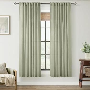 Imagem de Cortinas de linho verde sálvia 160 cm de comprimento 2 painéis para quarto com filtro de luz nas costas cortinas semitransparentes linho algodão texturizado verde claro arejado moderno casa de fazenda