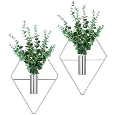 Imagem de Canlierr 2 peças de decoração de parede com plantas artificiais, vaso suspenso de metal, suporte de plantas internas, arte de parede boho moderna para banheiro, quarto, sala de estar (prata, eucalipto