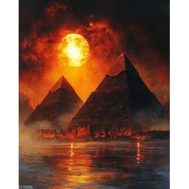 Imagem de XTXGERL Pintura por números, pirâmides egípcias de referência ao anoitecer, kits de pintura para adultos por números, artesanato para decoração de casa (sem moldura, 40,6 x 50,8 cm)