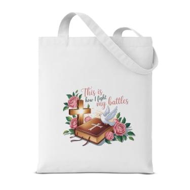 Imagem de QYCFDXD Sacola de lona cristã inspiradora para mulheres e meninas This is How I Fight My Battles Grocery Bolsa de ombro para compras, viagens, trabalho