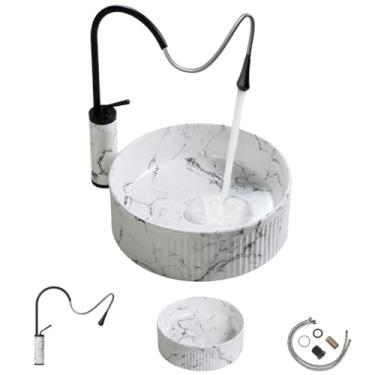 Imagem de Pia de vaso redonda de 38 cm com combinação de torneira e dreno, pias decorativas de banheiro revestidas de mármore acima do balcão, pia pequena e moderna de cerâmica para pia de arte