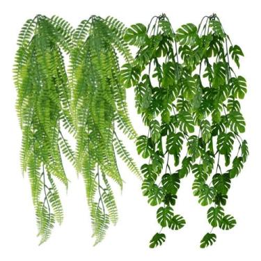 Imagem de Kit 4 Pendentes de Folhagem Artificial Costela de Adão e Samambaia – Decoração Exuberante e Natural para Ambientes Modernos(Verde)