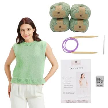 Imagem de Chic Loops Kit de tricô para iniciantes, suéter de tricô para adultos, pulôver feminino de crochê com gola redonda sem mangas com instruções (Spring Bud, SA)
