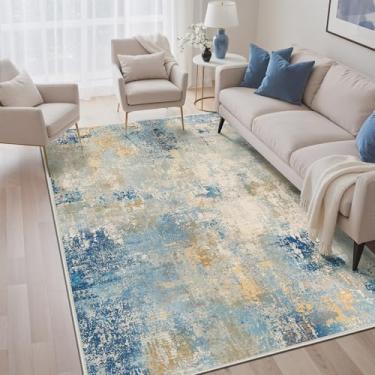 Imagem de Tapete azul lavável para sala de estar, quarto, abstrato, moderno, grande, antiderrapante, repelente de água, tapete macio para sala de jantar, azul marfim