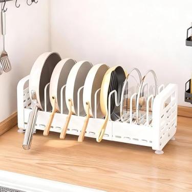 Imagem de Pots e panelas Organizador Rack para armário e bancada, 10 + tampas de pote, utensílios de assar e utensílios de cozinha Organizador Rack Holder com 10 compartimentos ajustáveis (branco)