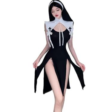 Imagem de Temptshow Women's sexy adult nun cosplay costume Halloween cosplay dress uniform lingerie (black1)