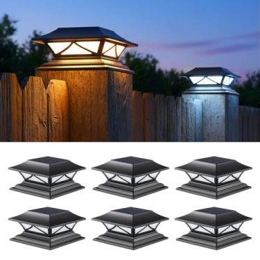 Imagem de PASAMIC Pacote com 6 lâmpadas solares de poste para postes solares à prova d'água com 2 modos de cor, deck IP44 alimentado por energia solar para 4 x 4, 5 x 5, 6 x 15 cm, postes de vinil/madeira 15 x