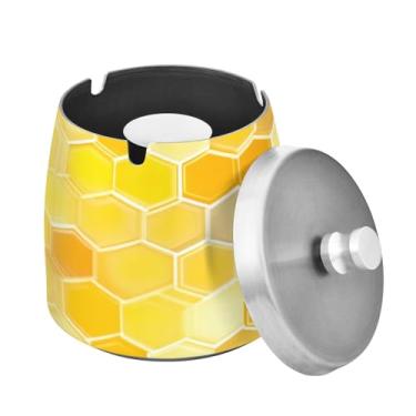 Imagem de Blueangle Cinzeiro de azulejo hexagonal amarelo com tampa para cigarros, à prova de vento/chuva, aço inoxidável, sem fumaça, inodoro, cinzeiro para uso interno ou externo (253)