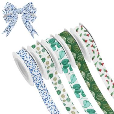 Imagem de SEHANY 5 rolos de fita de Natal 0,59 polegadas 5 jardas folhas verdes fitas de tecido festival fitas de cetim fitas decorativas de Natal para embrulho de presente faça você mesmo artesanato grinalda