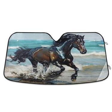 Imagem de ATTX Para-brisa de carro de cavalo marrom escuro 139.7 cm x 70.1 cm Escudo solar universal com proteção UV, persiana de janela frontal automática dobrável para caminhões Sedans SUVs #759