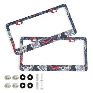 Imagem de SEHANY Molduras de placa de carro vintage rosa crânio, capas de alumínio à prova de ferrugem com furos elípticos e parafusos serve para veículos padrão dos EUA tamanho acessórios de carro para