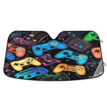 Imagem de ATTX Controladores de videogame coloridos para para-brisas de carro 139.7 cm x 70.1 cm Protetor solar universal com proteção UV, persiana de janela frontal automática dobrável para caminhões Sedans