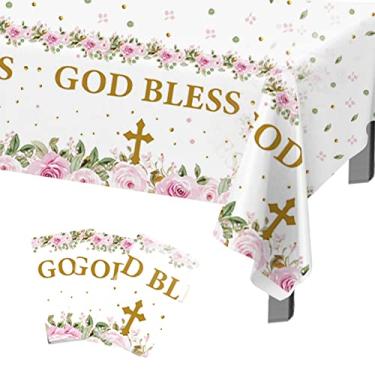 Imagem de Makarios 3 peças. Toalha de mesa de batismo, toalha de mesa God Bless, toalha de mesa cruzada, toalha de primeira comunhão para meninas (rosa)