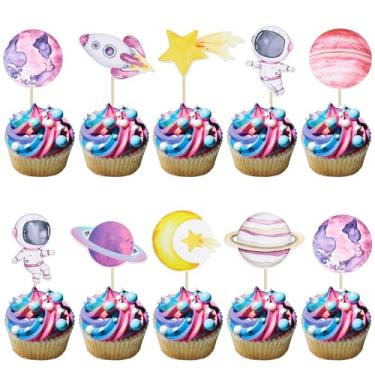 Imagem de Ephlyn Topos de cupcake astronauta do espaço, 36 peças, suprimentos de festa com tema espacial, decorações de papel para chá de bebê, aniversário, enfeites de cupcake para decoração de sobremesa
