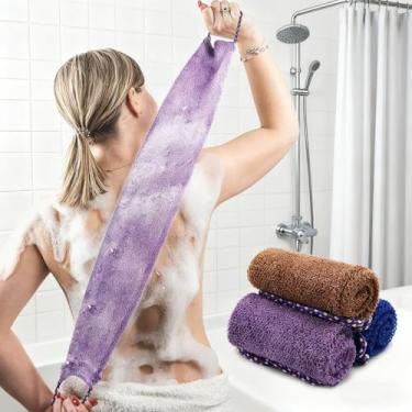 Imagem de 3 peças de esponja de rede africana com alças, pano de rede esfoliante longa, esfregão traseiro para uso no chuveiro, roxo + azul + marrom