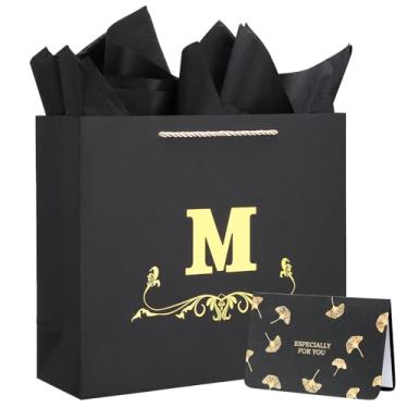 Imagem de EUSOAR Sacos de presente pretos, 1 peça de 32 x 11,4 x 28 cm, sacos de papel de presente com monograma grandes personalizados com cartão de papel de seda e alças, bolsa de presente de aniversário para