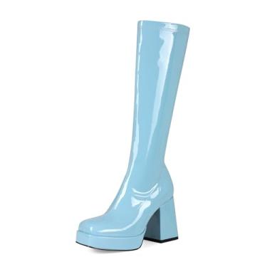 Imagem de Pomoxikn Botas femininas cano alto salto grosso GoGo Botas femininas plataforma de bico quadrado Go Go para outono inverno, Azul claro, 35