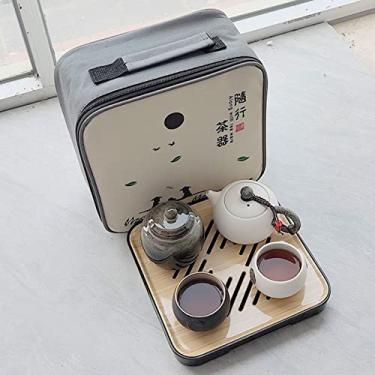 Imagem de Conjunto de chá de viagem com saco portátil, conjunto de chá com 1 conjunto de bule de chá, 2 xícaras de chá, 1 bandeja de chá, bule de chá doméstico único para uso ao ar livre, conjunto pequeno para