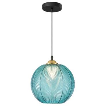 Imagem de Luminária pendente única de vidro azul, estilo moderno, com globo azul para teto. Luminária pendente preta e dourada para ilha de cozinha, estilo meados do século XX, ideal para sala de jant