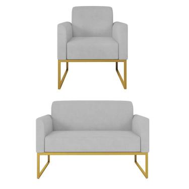 Imagem de Kit 01 Namoradeira E 01 Poltrona Marisa Suede Cinza Base Industrial Metálica Dourado D\'rossi