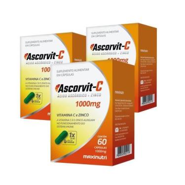 Imagem de Kit 3 Caixas AscorVit C 1000mg Vitamina C e Zinco 60 Cápsulas Maxinutr