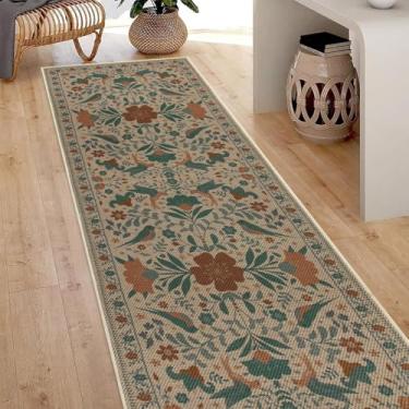 Imagem de Albodanl Tapete floral fácil de juta para cozinha, tapete botânico antiderrapante lavável para entrada, corredor, casa de fazenda, neutro, ambientes internos e externos, para entrada, lavanderia