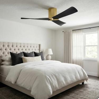 Imagem de WINGBO Ventilador De Teto Embutido Dc De 52" Sem Luzes, Ventilador De Teto De Latão E Preto, 3 Lâminas Curvas De Plástico Abs, Motor Dc Reversível De 6 Velocidades, Ventilador De Teto Hugger Sem Luz