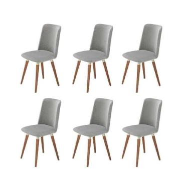 Imagem de Kit de 6 Cadeiras de Madeira Maciça Estofada Dakota - Natural c/ Linho