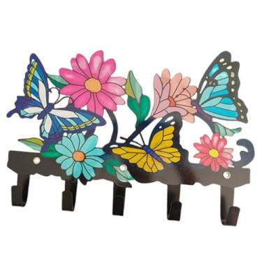 Imagem de Generic Cabide de parede para chaves com 5 ganchos em formato de borboleta e flores, feito de ferro. Ideal para decoração de parede, porta-chaves, porta de