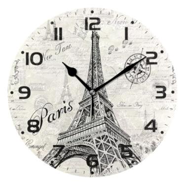 Imagem de JUZIHAI Relógio de parede da Torre Eiffel de Paris, silencioso, redondo, sem tique-taque, operado por bateria, fácil de ler, relógio decorativo de parede para casa, cozinha, sala de estar, quarto