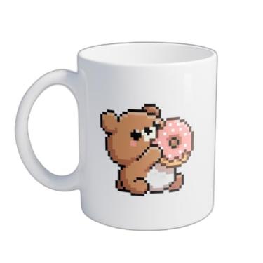 Imagem de Caneca Xícara de Café Porcelana 300ml Urso comendo Donut Arte Pixel