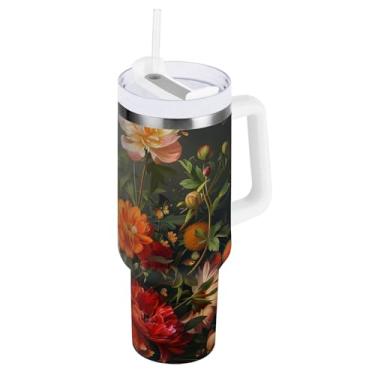 Imagem de ODAWA Copo grande à prova de vazamento, buquê de flores com isolamento duplo com alça e canudo