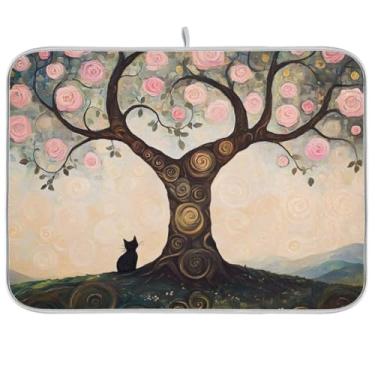 Imagem de Tapete de secagem de pratos rosa Cat Rose Tree 45,7 cm x 61 cm Escorredor de pratos Tapete de microfibra para café Tapete de balcão de cozinha