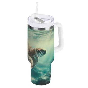 Imagem de Copo de água grande de tartaruga marinha com tampa e canudo, copo de aço inoxidável