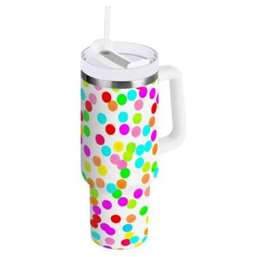 Imagem de ODAWA Copo grande colorido isolado de bolinhas de aço inoxidável com canudo e alça copos isolados para viagem